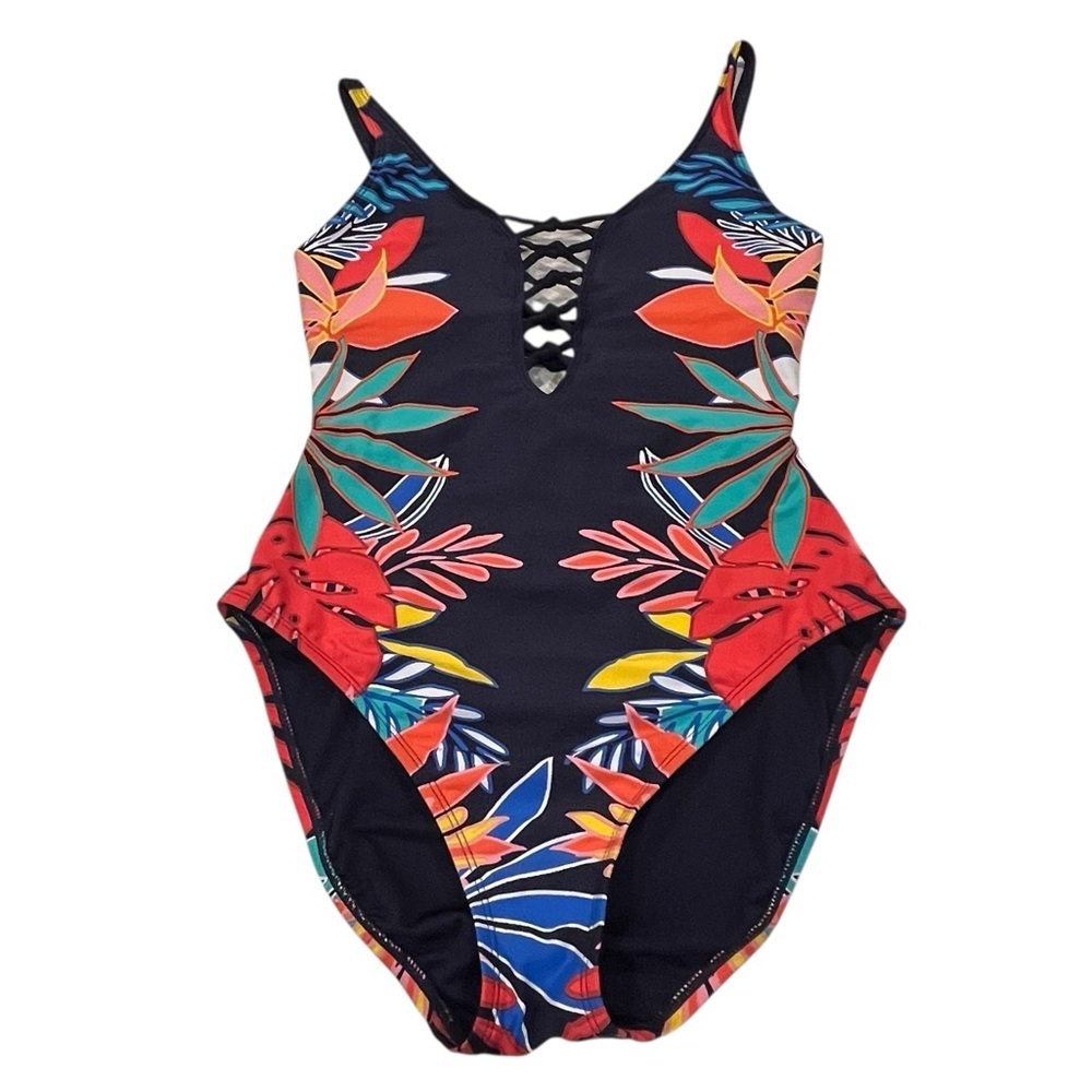 Women’s Bleu By Rod Beattie Navy Tropical Floral Lace Up Plunging Swimsuit — 6 - Picture 9 of 11